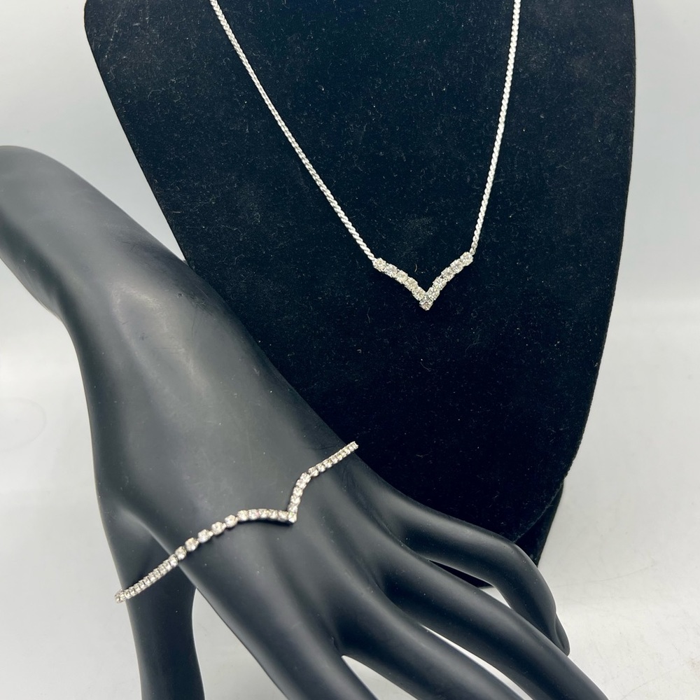 Vintage V shape rhinestone necklace & bracelet set silver tone simple elegant
